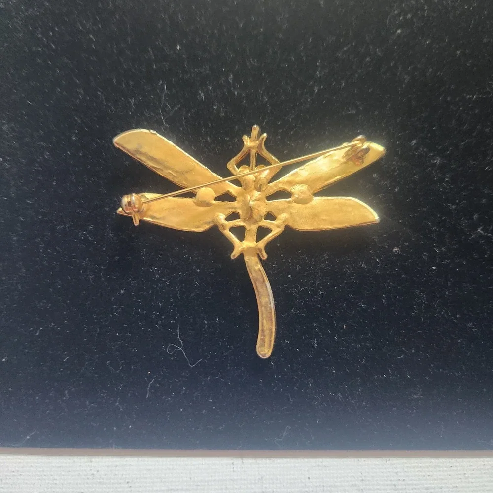 Vintage Gold Tone‎ Dragonfly Brooch Green Emerald Red Ruby Rhinestone Pin 2.5